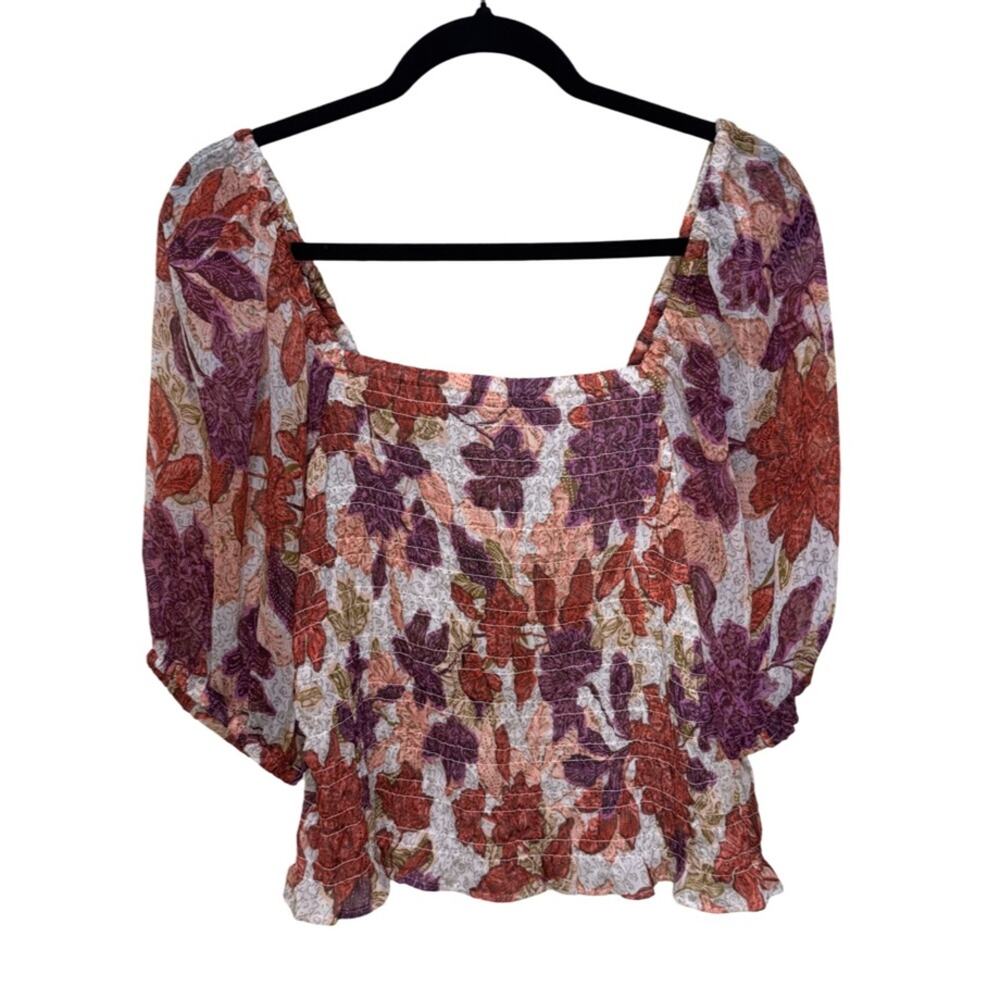Old Navy Fitted Puff-Sleeve Smocked Top Autumn Leaves Size L